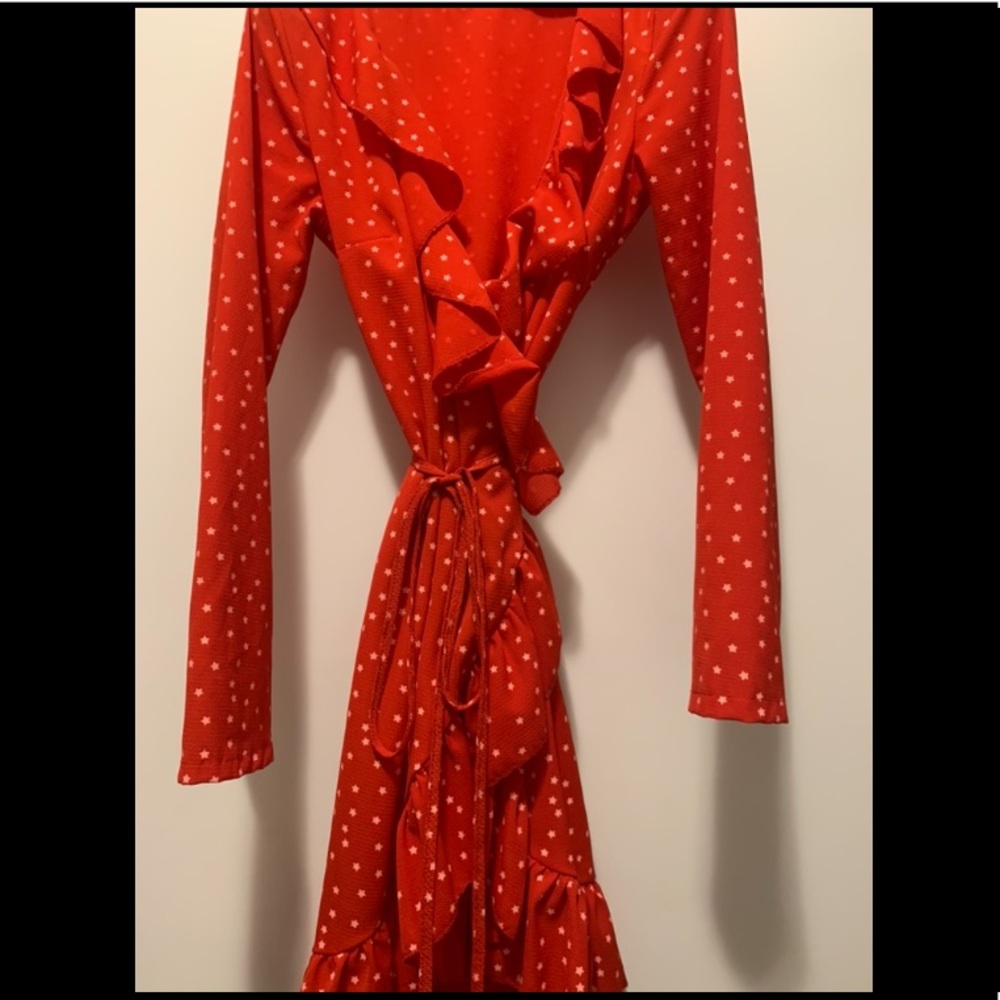 Red Wrap-Around Dress with Flounce Trim. Size M